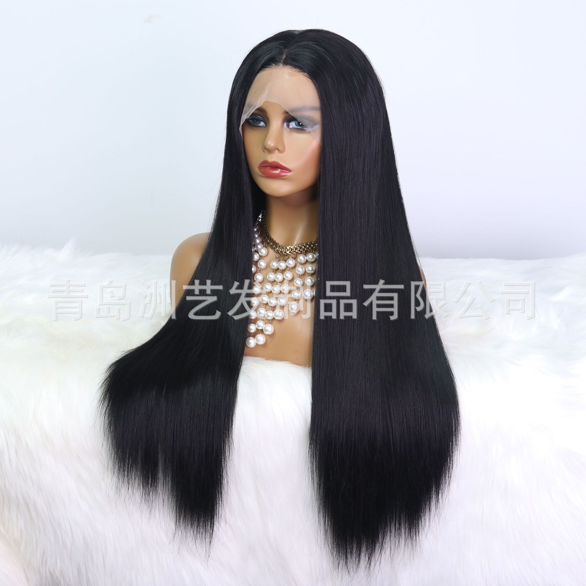 Synthetic fiber front lace wig, European and American anti-human hair black middle part long straight hair cover manufacturer wholesale one-piece consignment pic 3