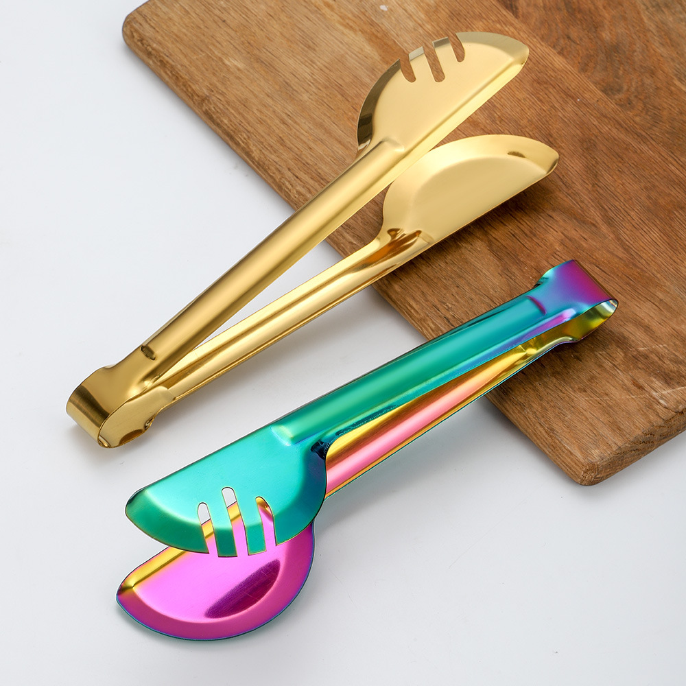 Amazon Public Services stainless steel food tongs, mirror-polished gold-plated black steak tongs, semi-round bread tongs pic 6