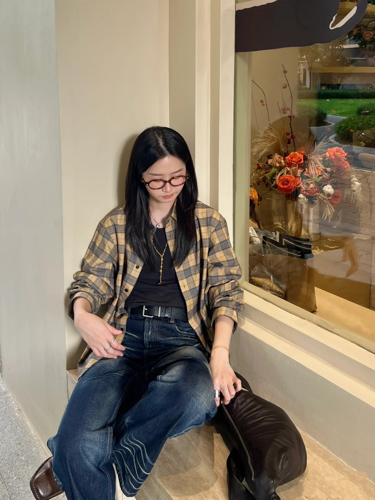 New retro plaid loose off-the-shoulder plaid long-sleeved shirt, yellow lapel plaid casual shirt for women 4415 pic 31