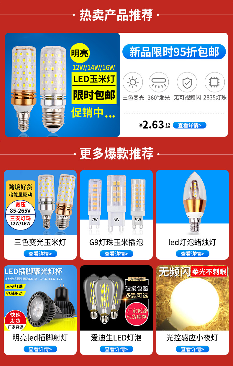 led光头强灯泡E14E27螺口12W16W节能家用蜡烛灯泡三色变光玉米灯详情1