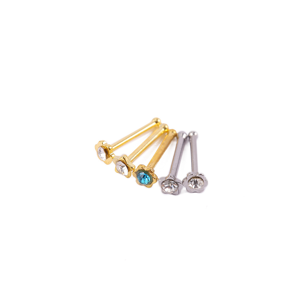 Cross-border stainless steel nose stud, straight rod, diamond-encrusted, gold and silver, colorful five-star plum blossom box, nose ring Type I, wearing pungent jewelry pic 10