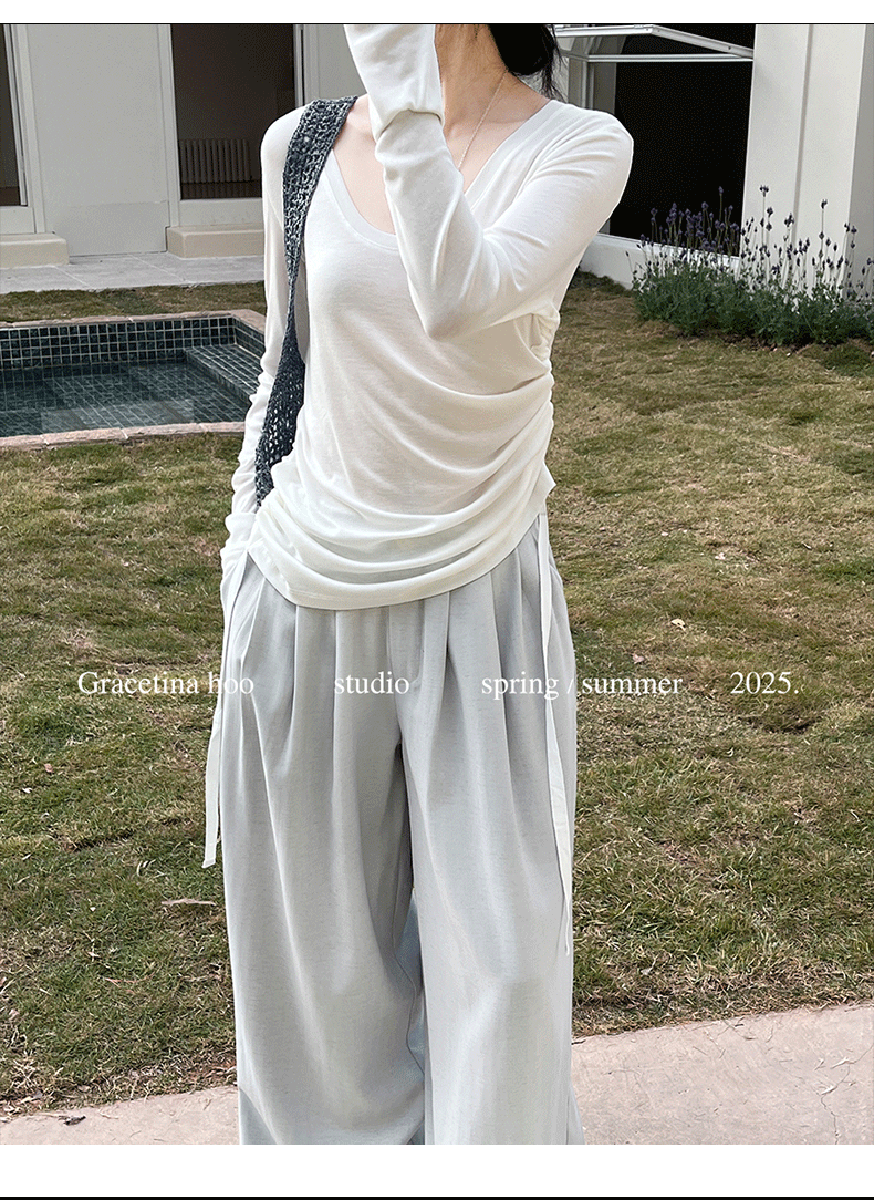 Early spring new collection of 2025, a simple and laid-back two-wear T-shirt with a basic U-neck and a large ribbon for women pic 11