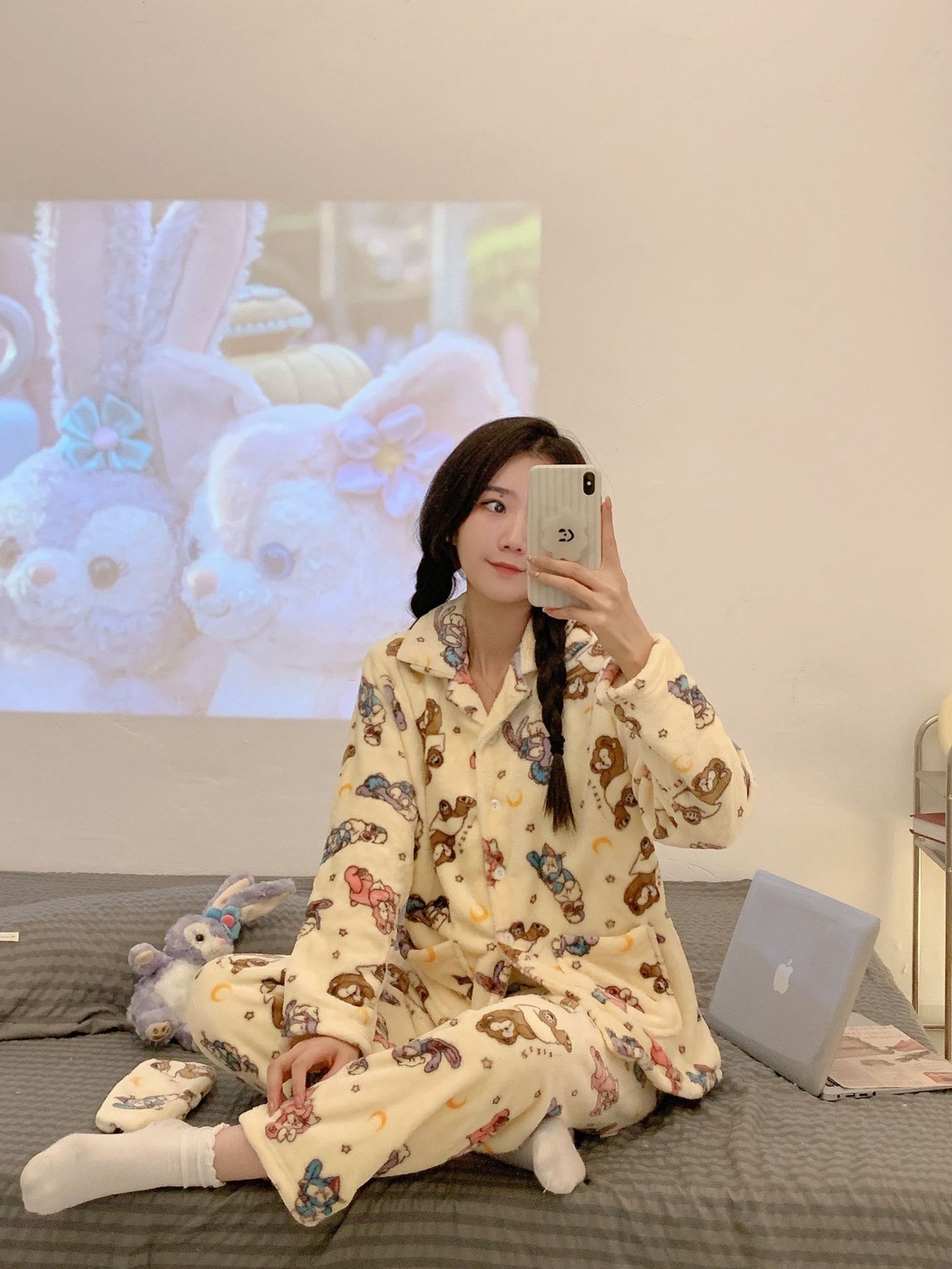 冬季法兰绒女士睡衣翻领开衫长袖长裤少女卡通可爱保暖家居服套装详情6