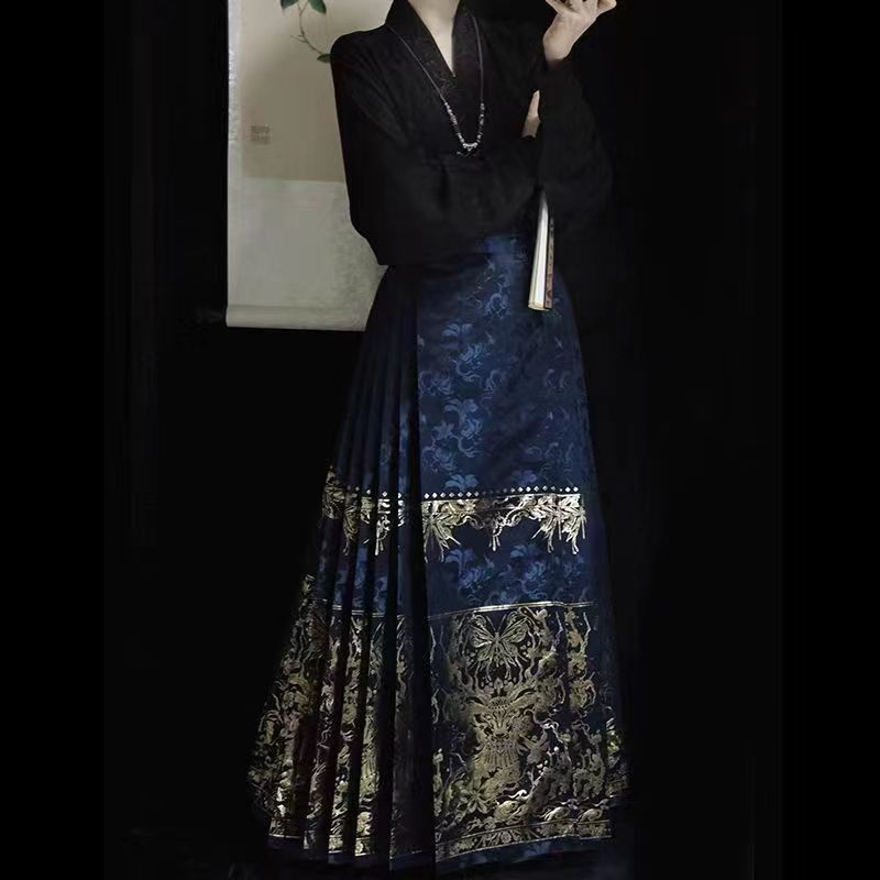 国潮大码胖mm新中式国风日常明制汉服上衣印花马面裙全套一整套200斤详情2