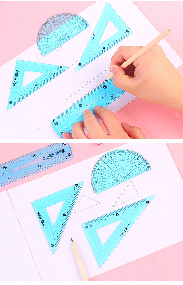 Wholesale creative flexible rulers, rulers, stationery for primary school students, prize sets, four-piece sets of rulers, square rulers, protractor sets pic 7