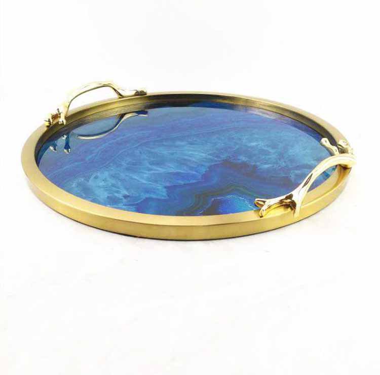 厂家简约纯铜蓝玛瑙收纳圆形茶托盘样板房家居餐厅摆件金属工艺品详情1