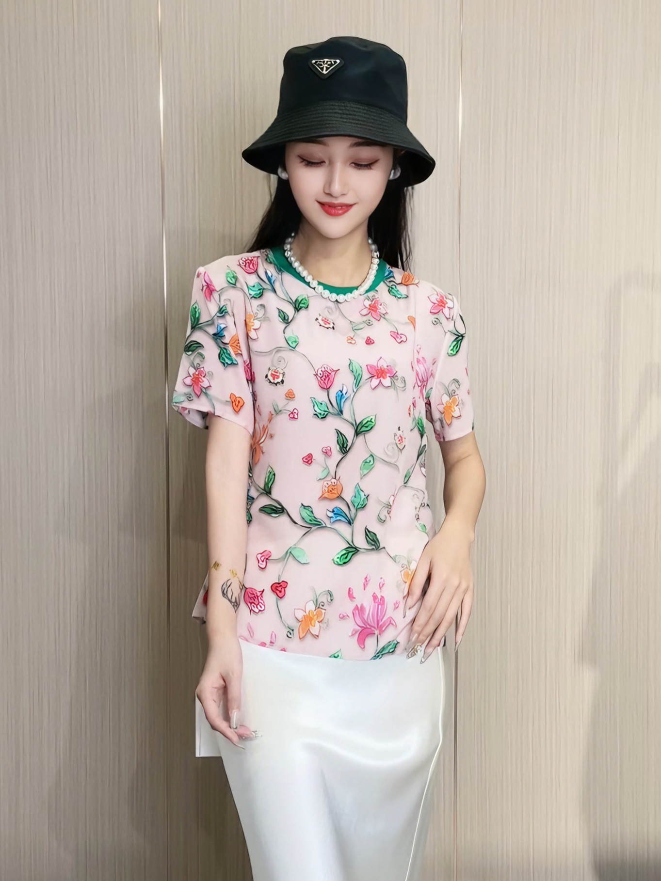 100％桑蚕丝真丝春暖花开全真丝印花女士短袖T恤女2024年春夏新款详情4