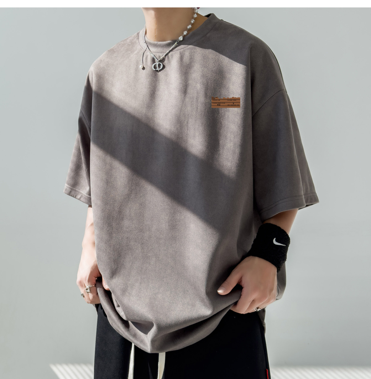 简恒咖色重磅美式复古男士短袖t恤夏季男款百搭仿麂皮绒定制T恤潮详情13