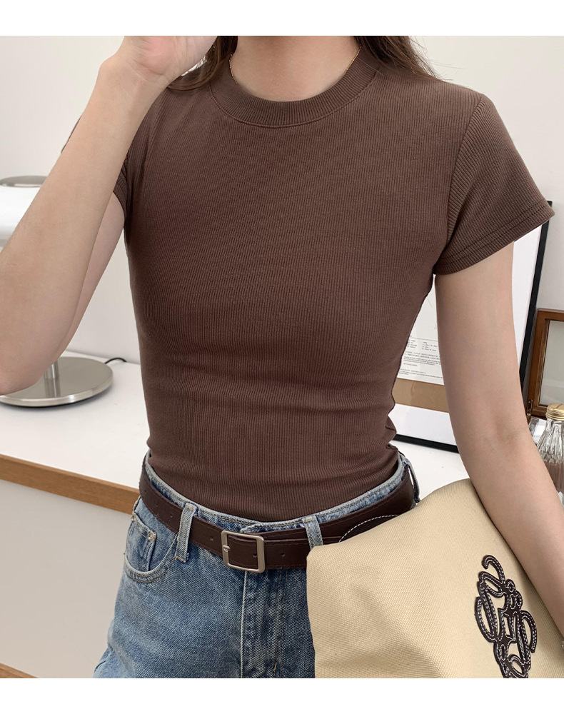 European and American style ribbed off-the-shoulder T-shirt for women, new summer style, slimming and figure-hugging, round-neck, layering short base layer pic 22