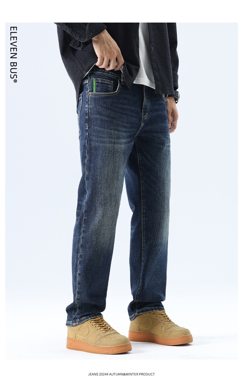 American trendy stretch jeans for men, thickened with fleece, loose straight leg, casual and versatile washed long pants for men pic 14