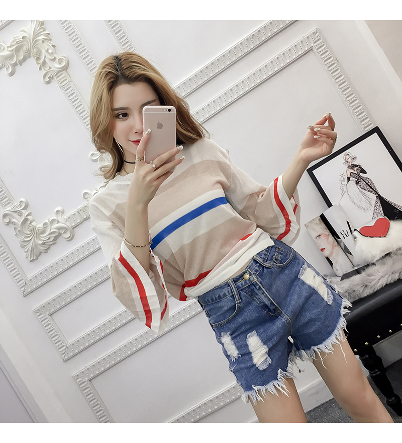 Korean-style striped thin cut-out see-through knitted sweater for women, half-sleeved loose large-sized flared sleeve top pic 11