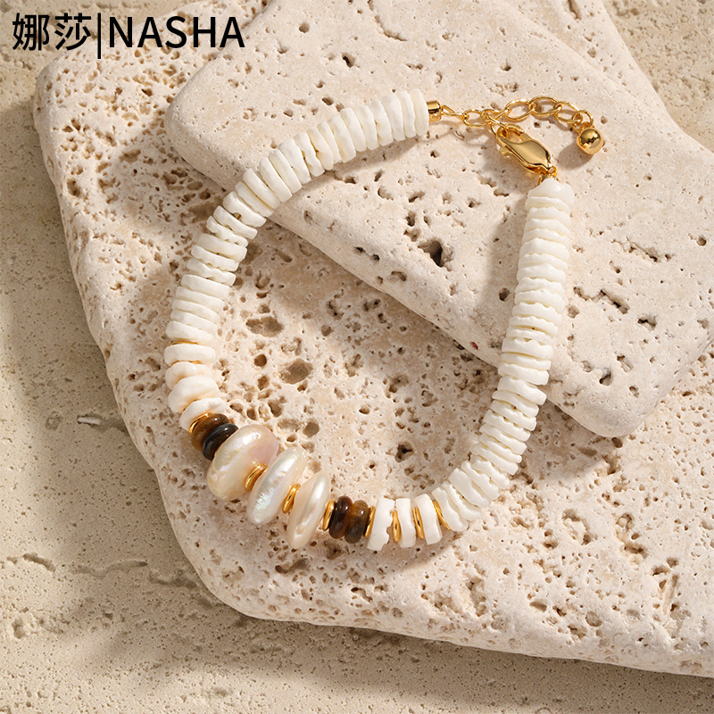 娜莎首饰套装美拉德风巴洛克珍珠贝壳虎眼石串珠项链耳环饰品套装详情14