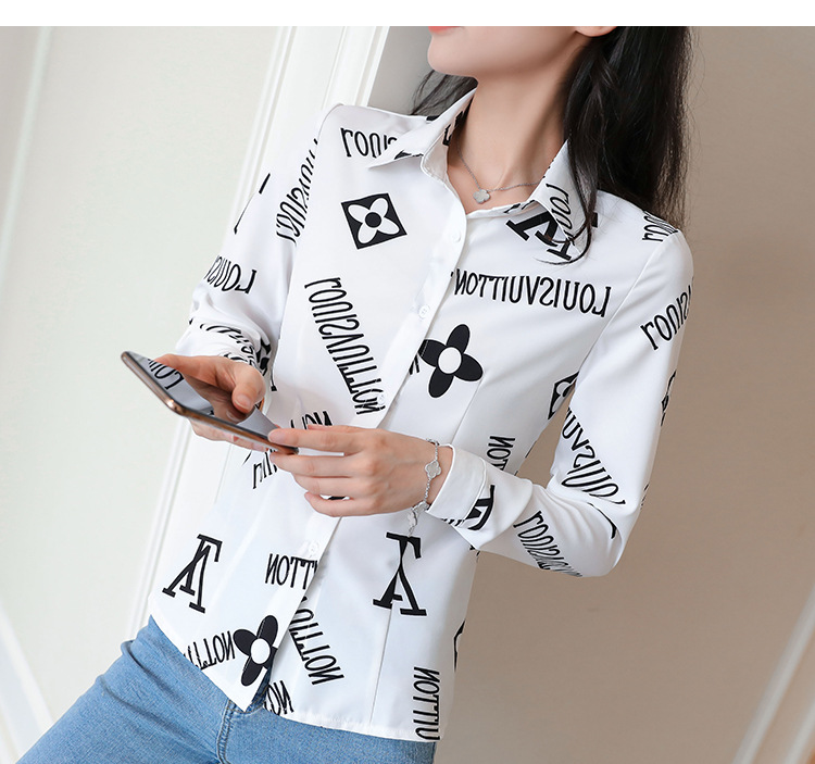 New spring and autumn Korean-style slim-fit shirt for women, long-sleeved printed striped trendy base layer, Hong Kong-style top for women pic 34