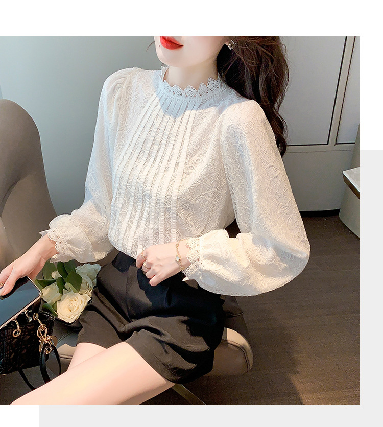 New Chinese-style in-stock real photos of the autumn new Korean-style versatile semi-high-neck lace base shirt for women. Pair it with a lace shirt inside pic 18