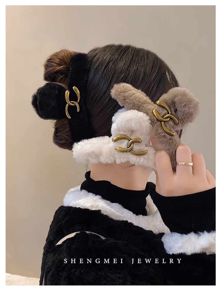 复古风情~大号抓夹高级感毛绒发夹女后脑勺优雅气质鲨鱼夹子头饰详情1