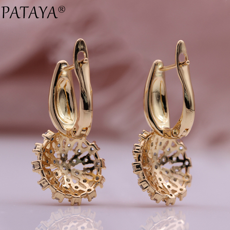 PATAYA585 rose gold electroplated earrings, cross-border direct supply, unique and luxurious hollowed-out zircon round earrings pic 4