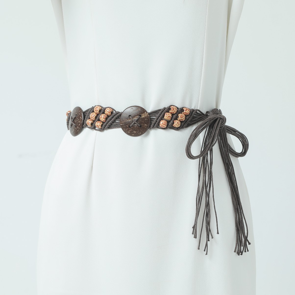 波西米亚风腰带 复古蜡绳编织女 腰带 民族风椰壳流苏腰绳腰链详情2