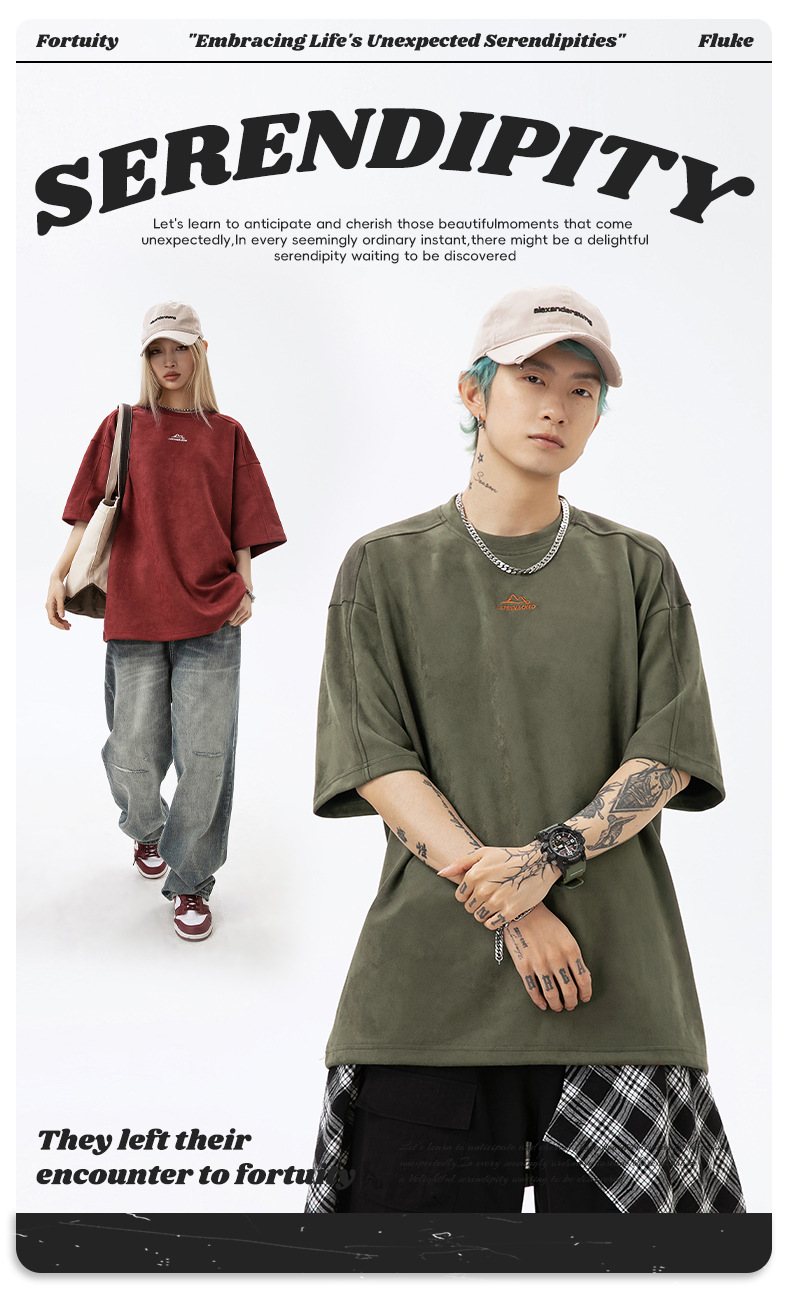 韩路男装 麂皮绒美式圆领T恤男女款夏季宽松质感刺绣潮牌短袖体恤详情3