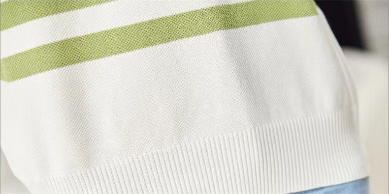 Color-blocking striped short-sleeved knitted sweater, summer Korean-style simple commuting ice silk top, pullover, base layer, lapel T-shirt for women pic 14