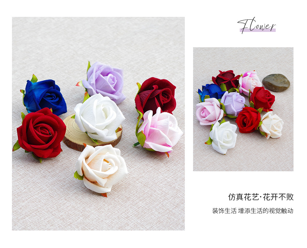 批发5cm绒布玫瑰花蕾仿真花 新娘手腕花DIY婚庆手捧蛋糕装饰花头详情20