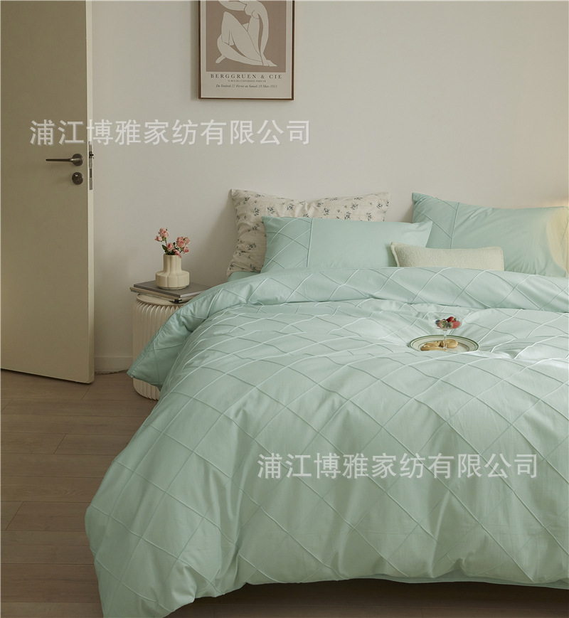 Wholesale of high-quality three or four-piece sets of washed cotton 40-count hand-knitted rhombus-shaped checkered plain pure cotton bedding pic 52