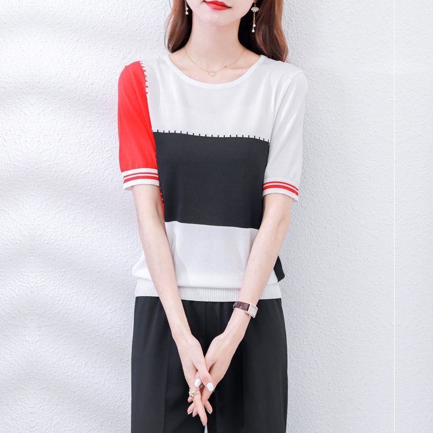 t恤高档夏季女装新款宽松韩版上衣女士针织衫短袖打底衫碎花条纹详情5
