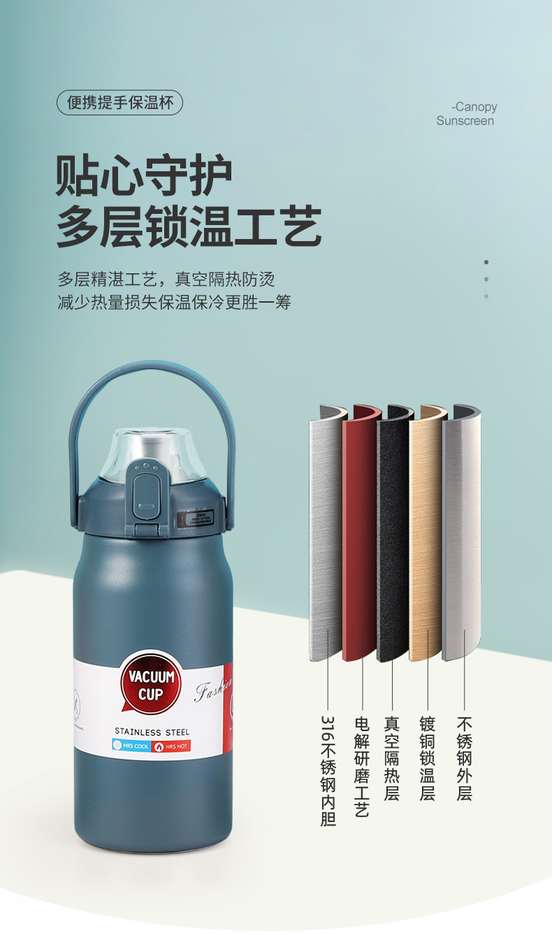 Cross-border direct supply of 316 stainless steel insulated cups, outdoor large-capacity hand-held cups with large bellies, portable straws, sports water bottles pic 9