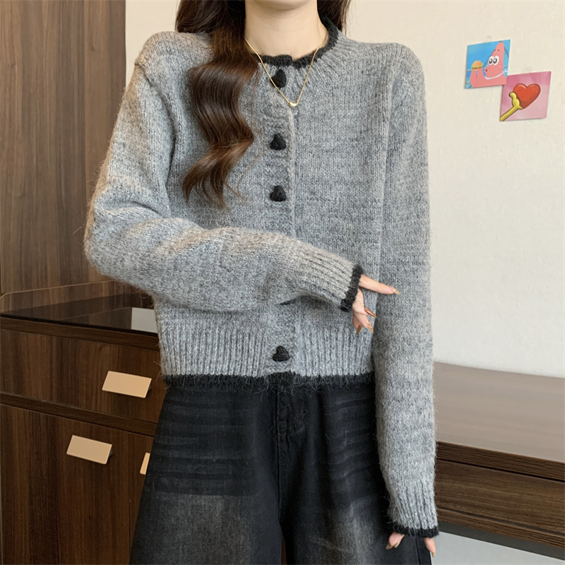 KANING拼色爱心纽扣针织开衫女2025早春新款慵懒风软糯毛衣外套女详情11