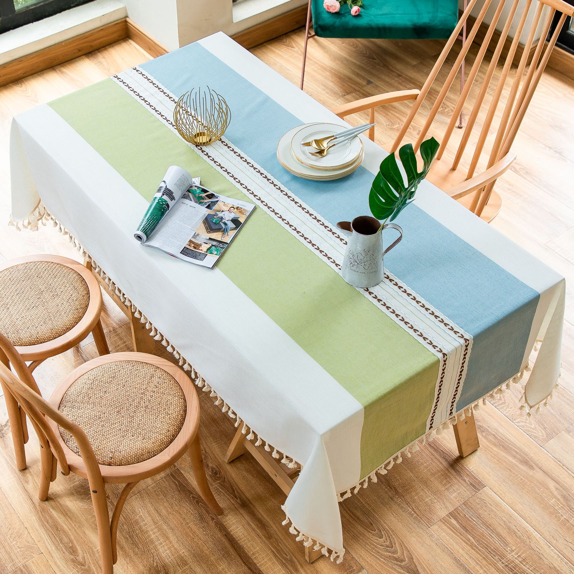 Cross-border Japanese color-blocking and color-blocking embroidered tassel tablecloths, kitchen, dining room, party, family table cover decoration, cotton and linen pic 25