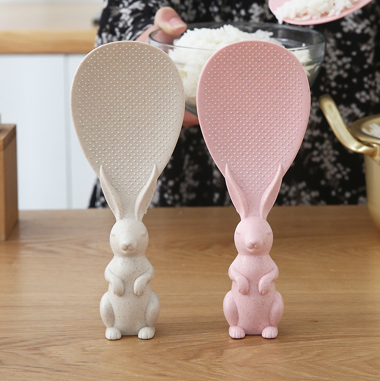 Wheat straw rabbit cartoon rice spoon, standing little rabbit rice spatula, electric rice cooker rice serving spoon, creative non-stick rice pic 5
