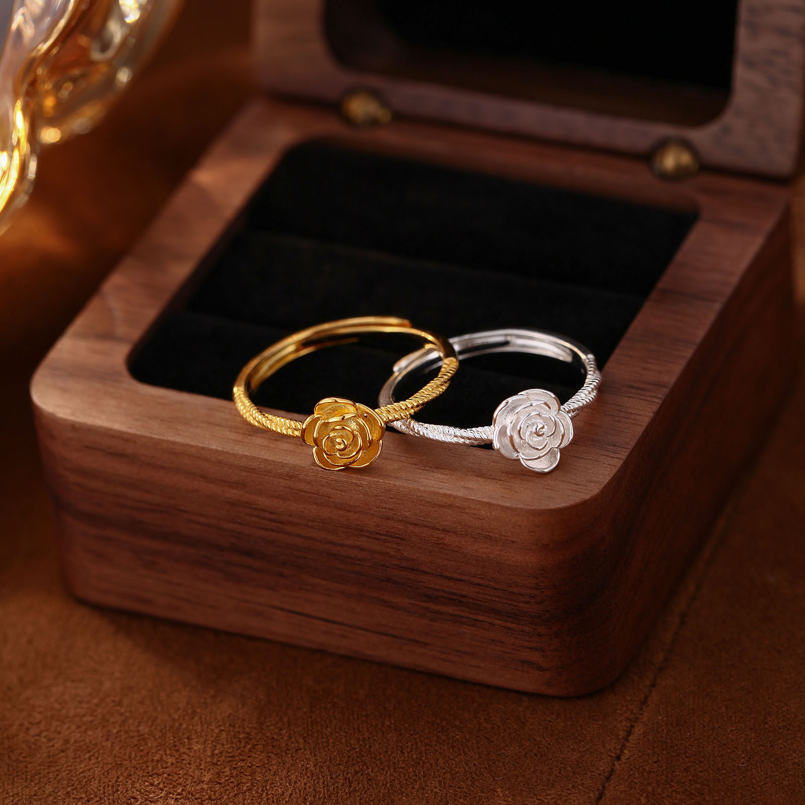 S999纯银足银戒指山茶花开口可调节素银指环抖音小红书手饰礼物详情8