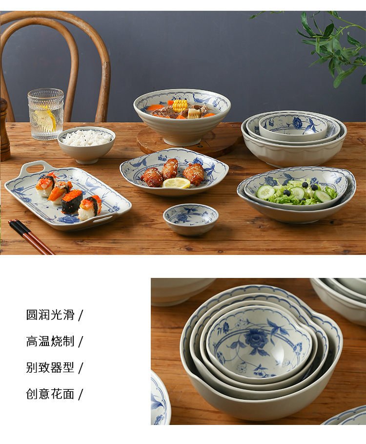 Japanese retro-style ceramic tableware, home blue and white underglaze color creative plates, flat plates, and personalized salad bowls pic 12