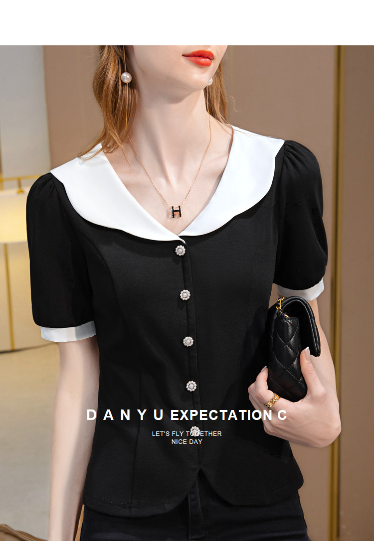 短袖t恤女2022新款女装时尚撞色v领棉体恤减龄娃娃领收腰扣子上衣详情13