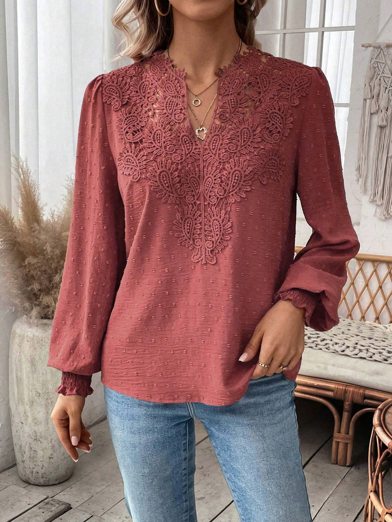 The new autumn and winter fashion V-neck lace solid color long-sleeved casual T-shirt for women on Amazon Cross-border in Europe and America in 2024 pic 23