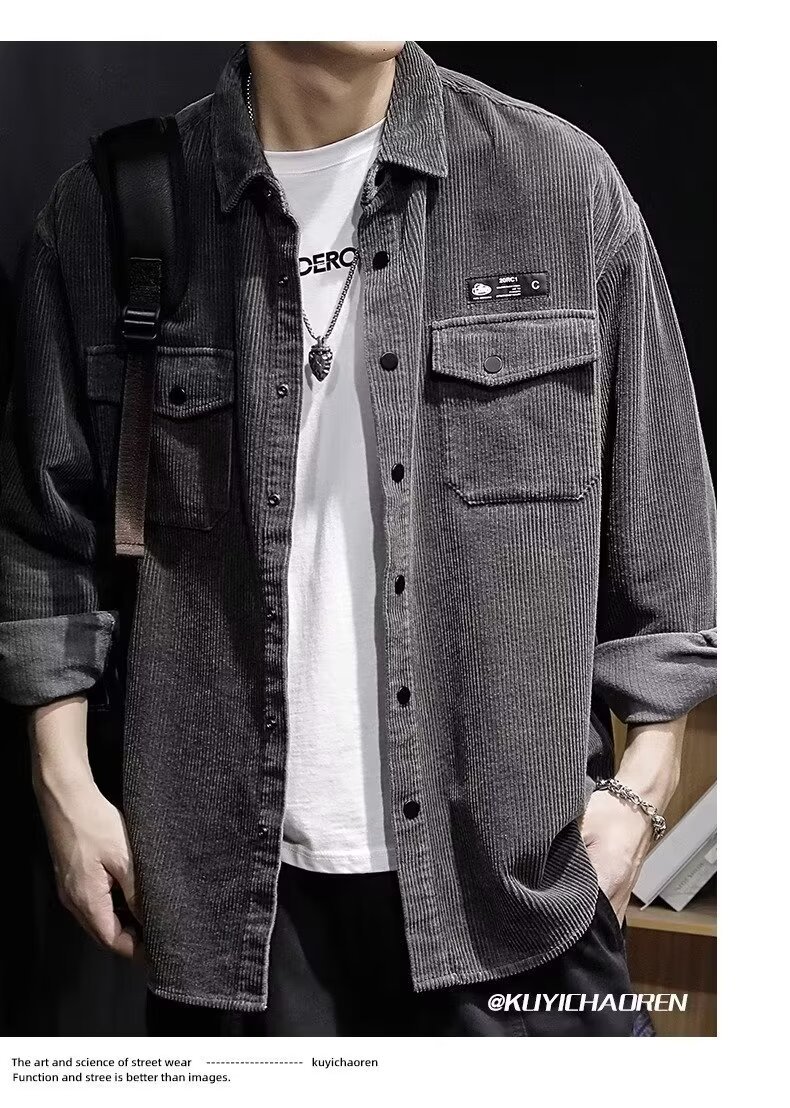 春秋新款男士灯芯绒衬衫 日系复古休闲百搭工装长袖上衣 外套搭配羽绒服保暖时尚详情11