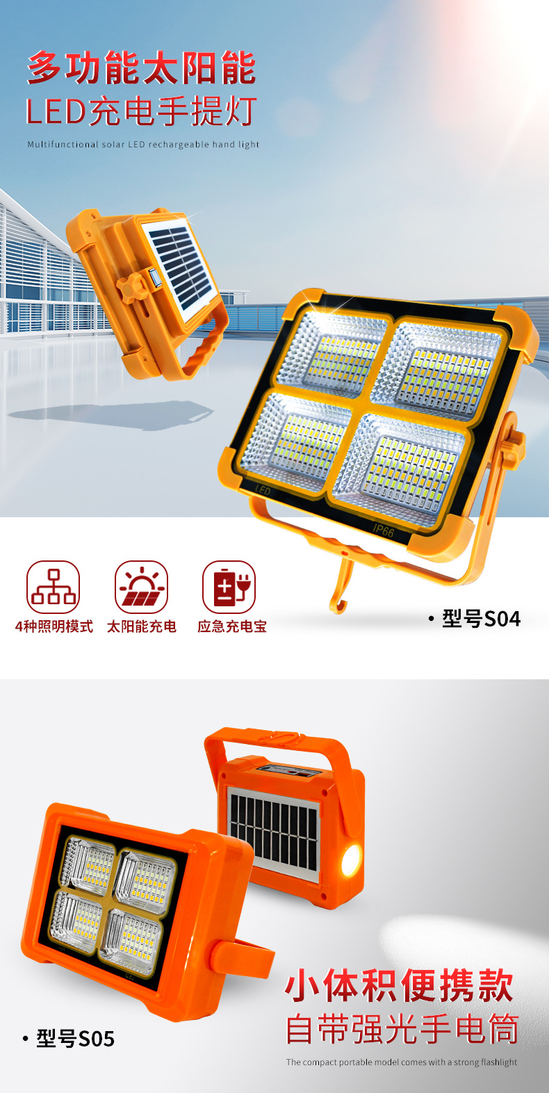跨境热销户外太阳能手提USB充电投光灯 摆摊露营太阳能应急投光灯详情2