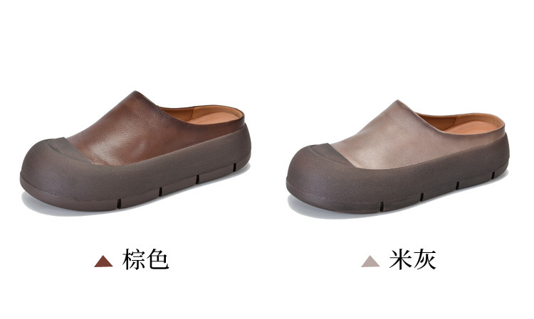 复古擦色真皮包头半拖鞋女夏季外穿小众原创头层牛皮平底凉拖鞋女详情3