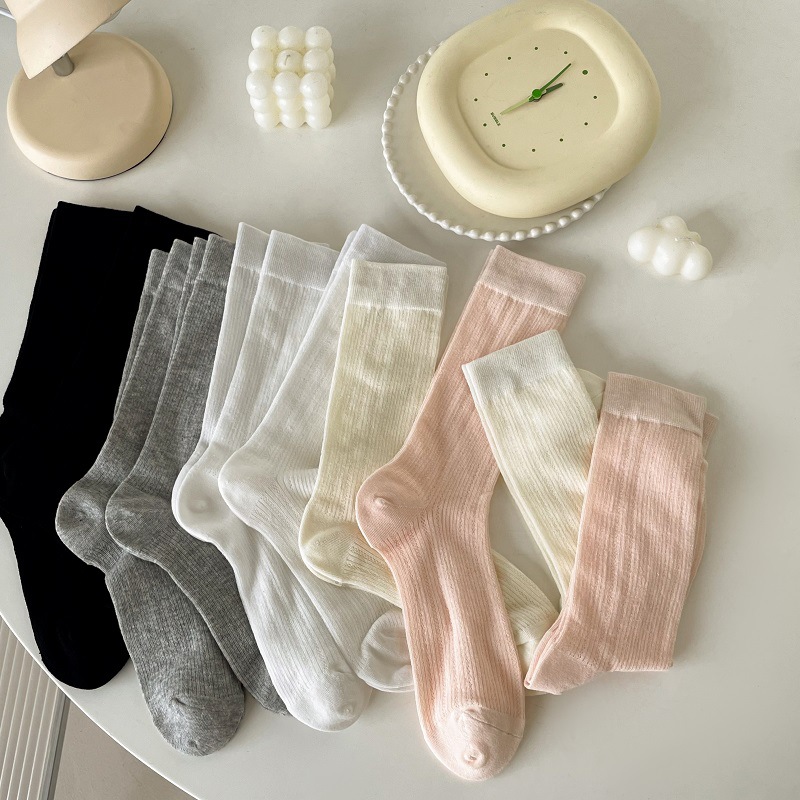 袜子女春夏季薄款透气竖条纹中筒袜ins潮百搭甜美日系jk纯色长袜详情3