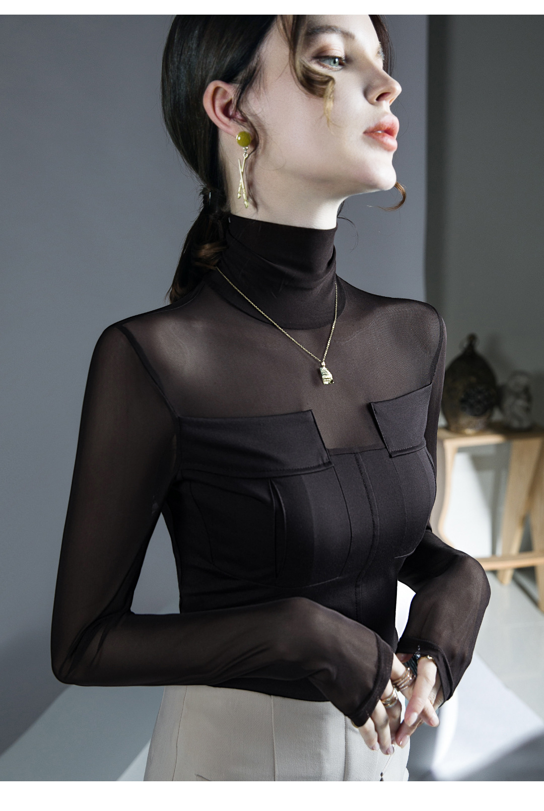 芙笙纪网纱微透拼接上衣秋冬新款内搭打底衫洋气高领长袖详情8