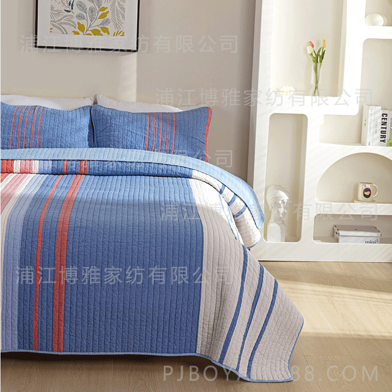 Simple and high-end quilted quilt, blue striped pure cotton three-piece bed cover, spring and summer air conditioner quilt, washed quilt wholesale pic 8