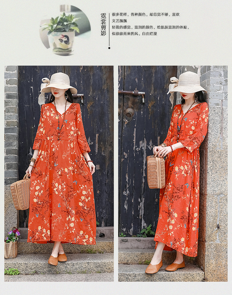 2024夏季新款中年妈妈复古文艺印花棉麻收腰连衣裙宽松大摆长裙女详情36