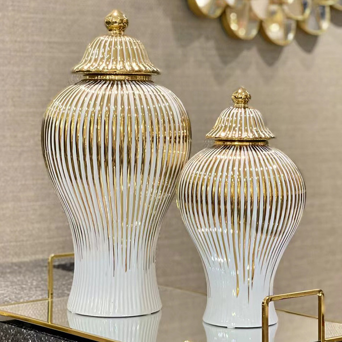 European-style light luxury electroplated ceramic striped general jar, open large vase, model room, living room, hotel entrance decoration pic 9