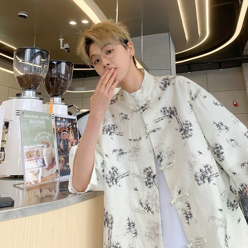 国潮青少年中国风竹子免烫处理短袖衬衫男夏季新中式盘扣潮流宽松半袖详情1