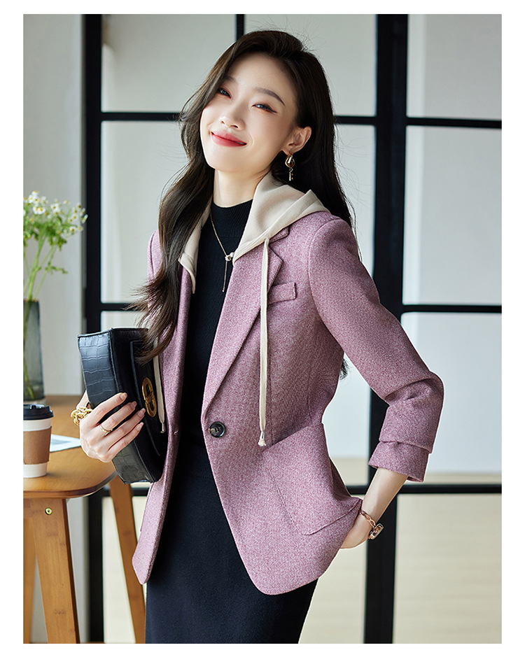 休闲假两件连帽西装外套女式春秋新款韩版高级格纹设计感西服上衣详情12
