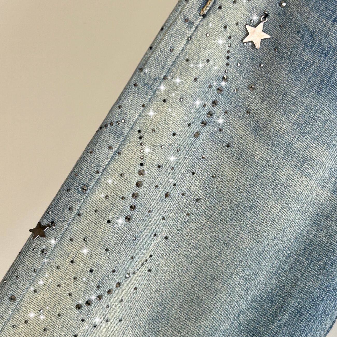 欧洲站烫钻钉珠星星水洗牛仔裤女新款高腰宽松直筒拖地裤详情5