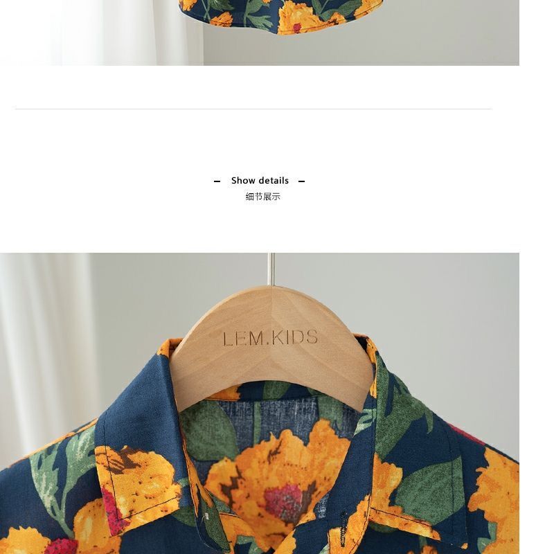 A new short-sleeved Hong Kong-style floral print shirt set for children and boys in 2024, a two-piece summer outfit pic 7