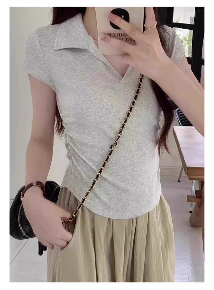 polo collar slimming and form-fitting shoulder T-shirt for women, short sleeve, pure and hot girl, short design with a cinched waist, top for summer pic 30