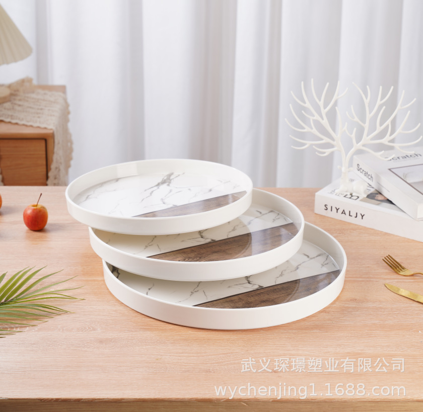 密胺托盘木纹大理石圆形直边茶具托盘家居客厅客房茶具托盘餐具盘详情2