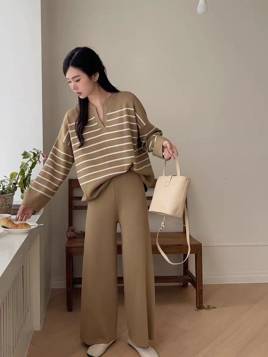 A two-piece Korean-style loose striped knitted top and casual high-waisted, sagging knitted wide-leg pants pic 22