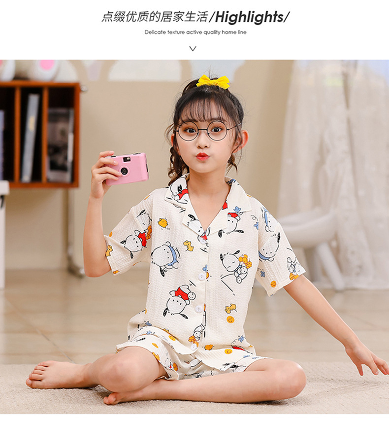2023女童睡衣儿童夏季短袖短裤泡泡绉布套装女孩开衫大童家居服夏详情15